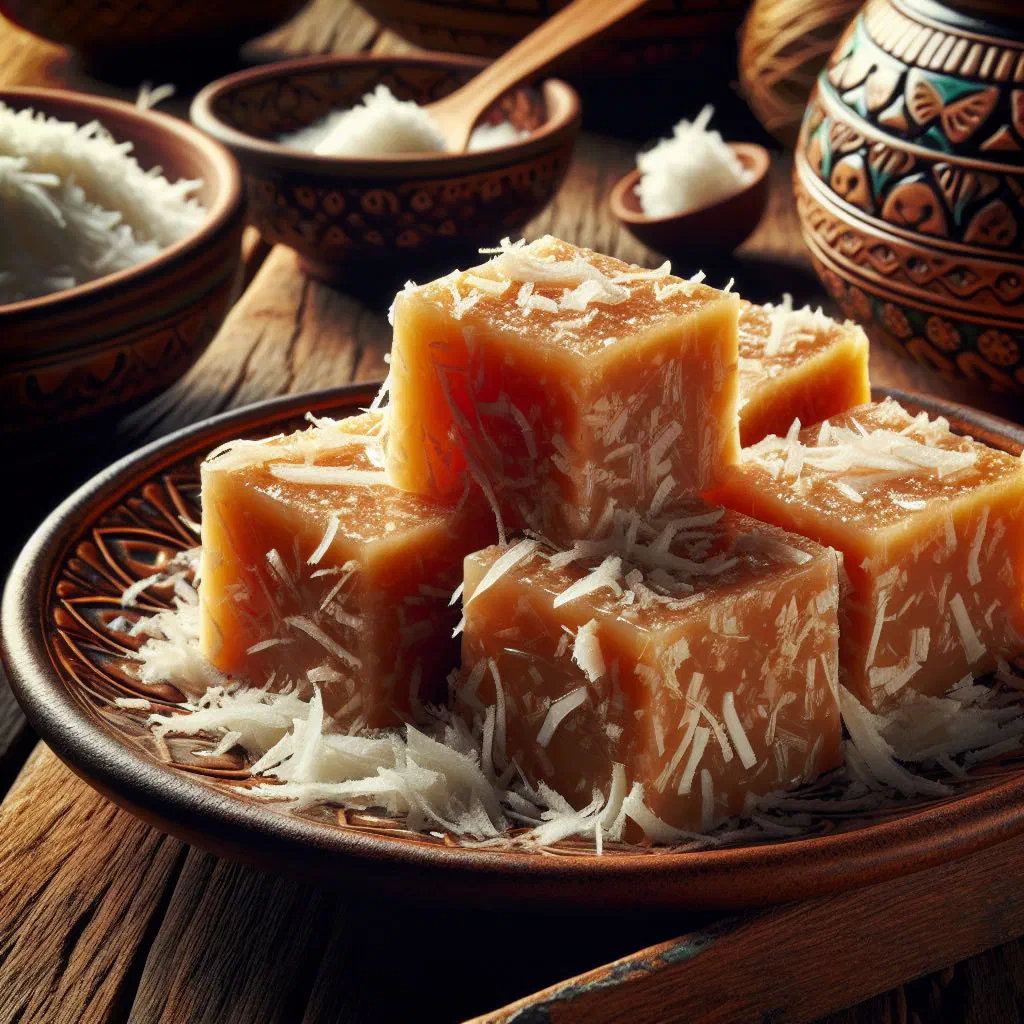 Squares of coconut cajeta on a plate with grated coconut