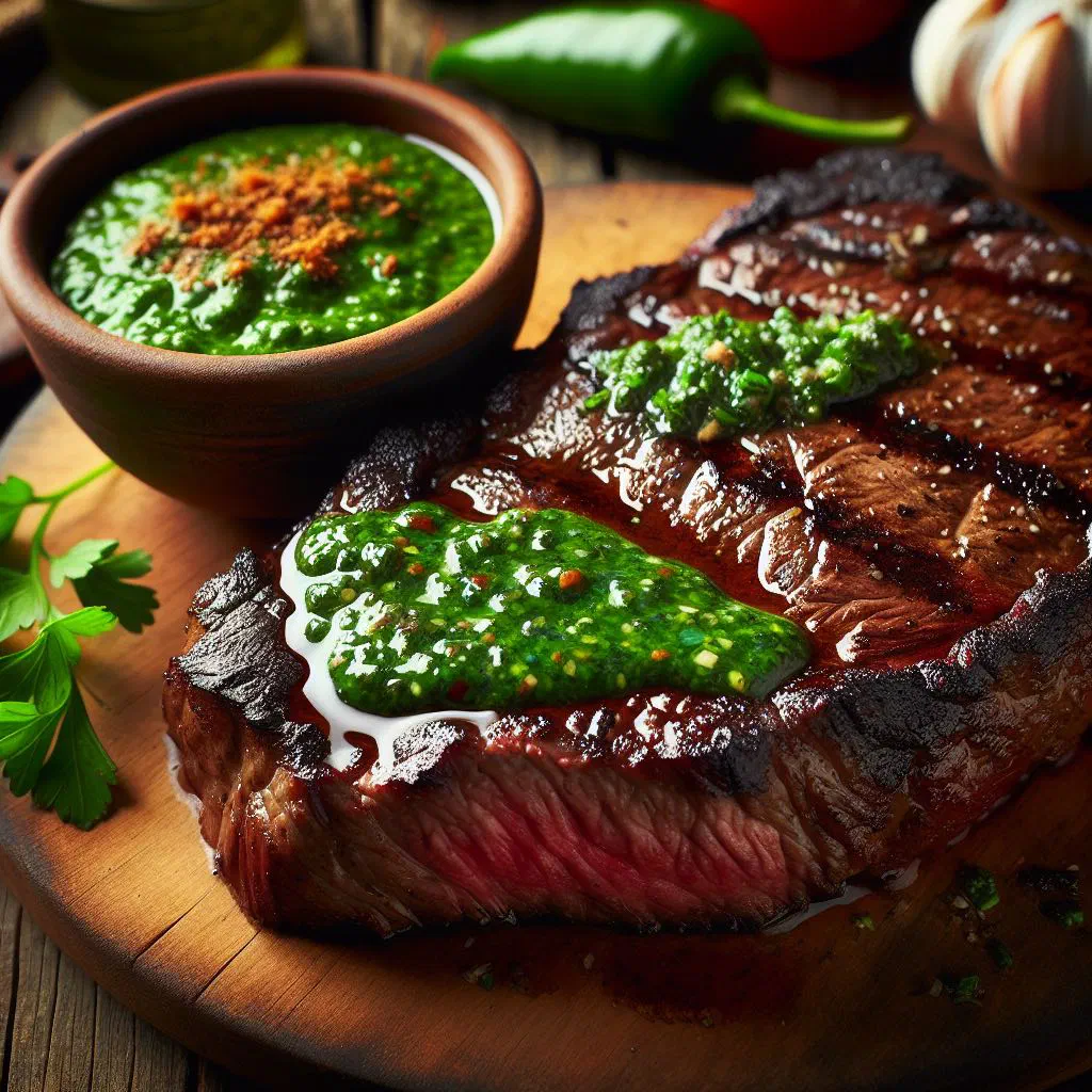 Sliced grilled beef topped with fresh green chimichurri sauce