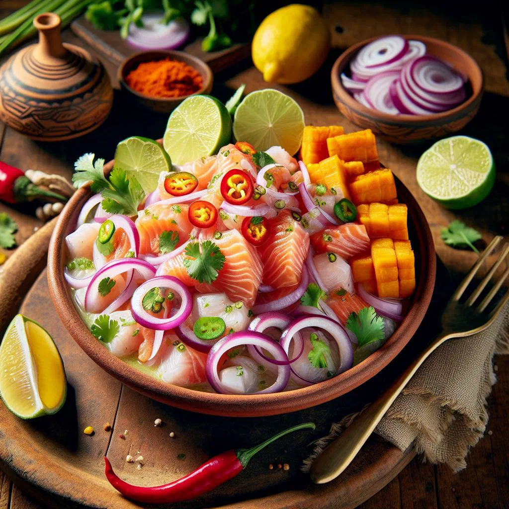 Fish ceviche with red onion, tomato and coriander in a glass bowl