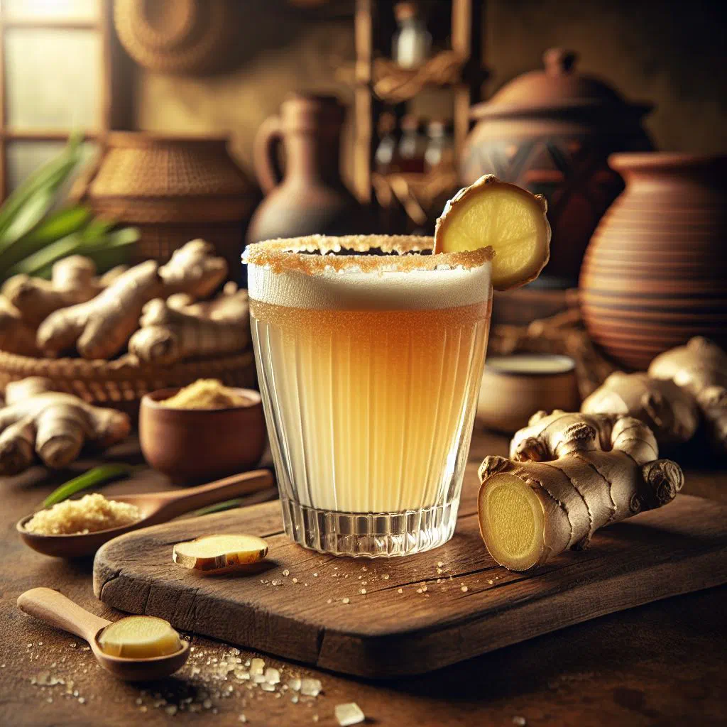 Glass of chilled Nicaraguan ginger chicha garnished with lemon and mint