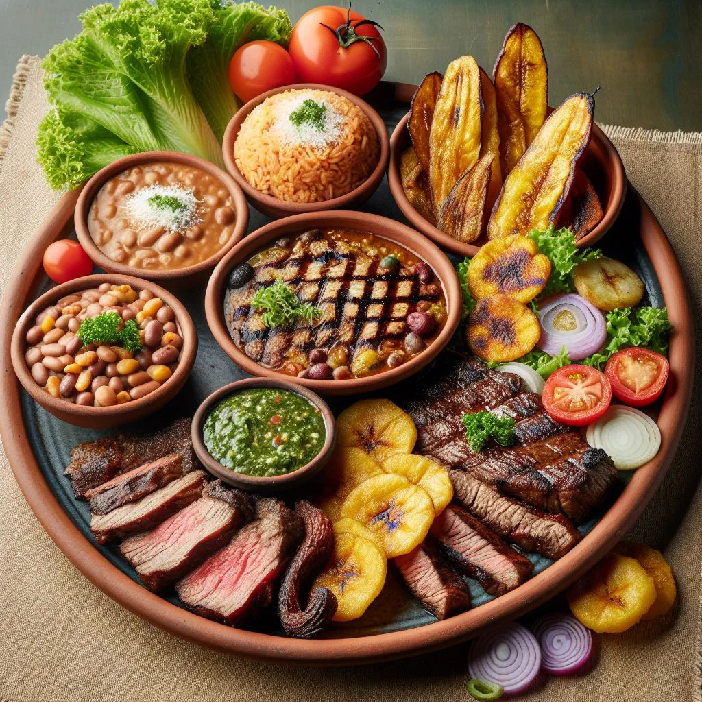 Sliced grilled churrasco beef with rice, black beans and fresh salad