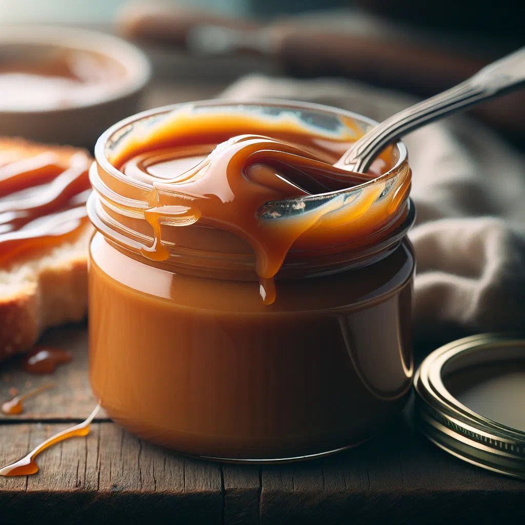 Golden dulce de leche caramel spread in a glass jar with a spoon