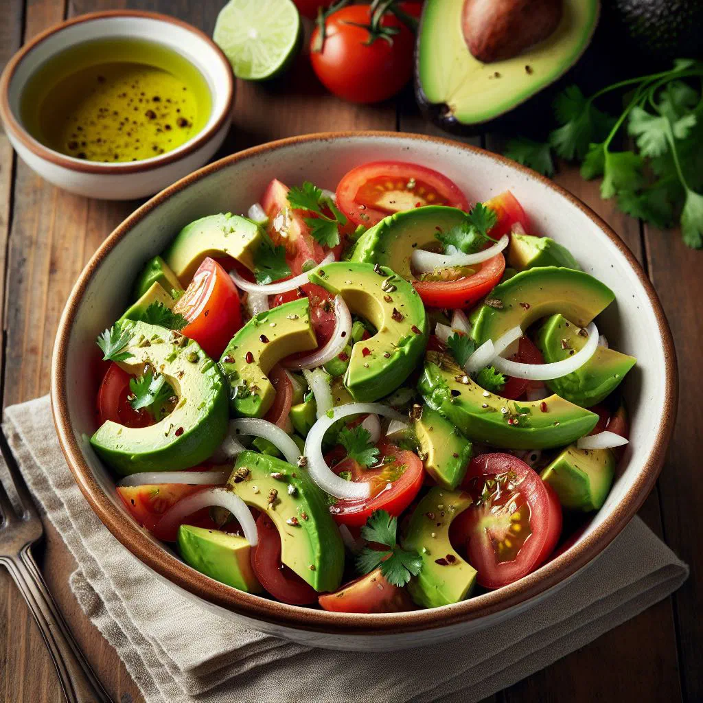 Nicaraguan avocado salad with diced tomato, red onion and lime dressing