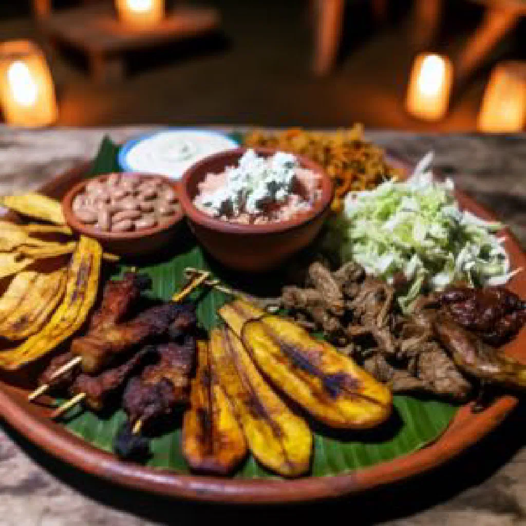 Fritanga Nicaragüense with grilled meats, fried potatoes, rice and cabbage salad on a plate
