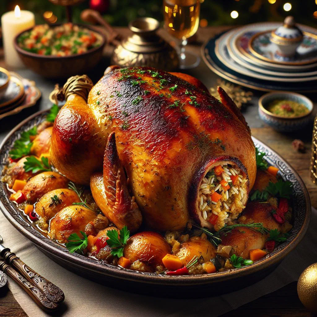 Roasted stuffed chicken breast with rice and nut filling, garnished with fresh coriander