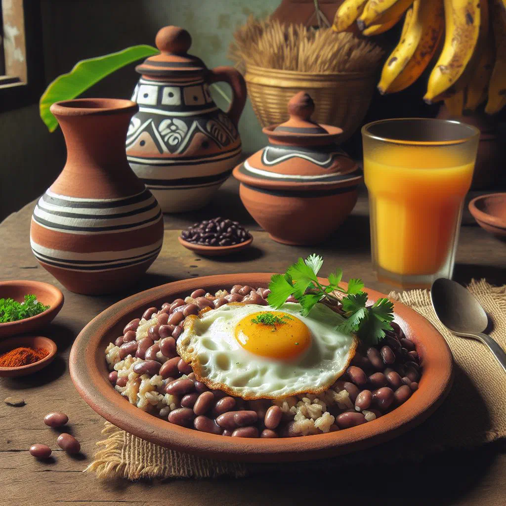 Gallo pinto of rice and black beans topped with a fried egg and fresh coriander