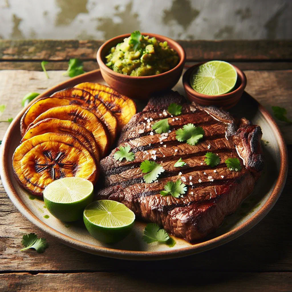 Grilled beef steak served with crisp fried plantain slices and lime