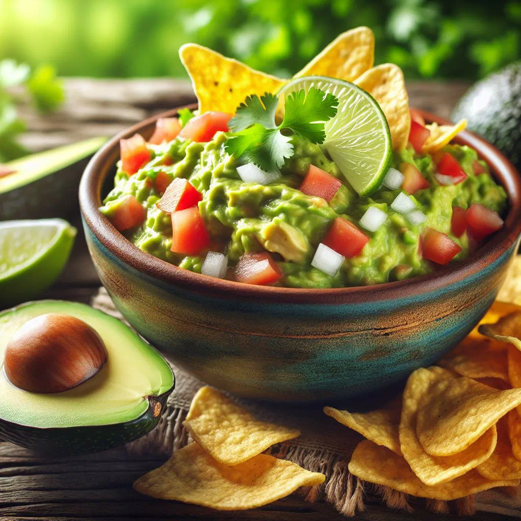 Creamy guacamole in a bowl surrounded by crisp golden plantain chips