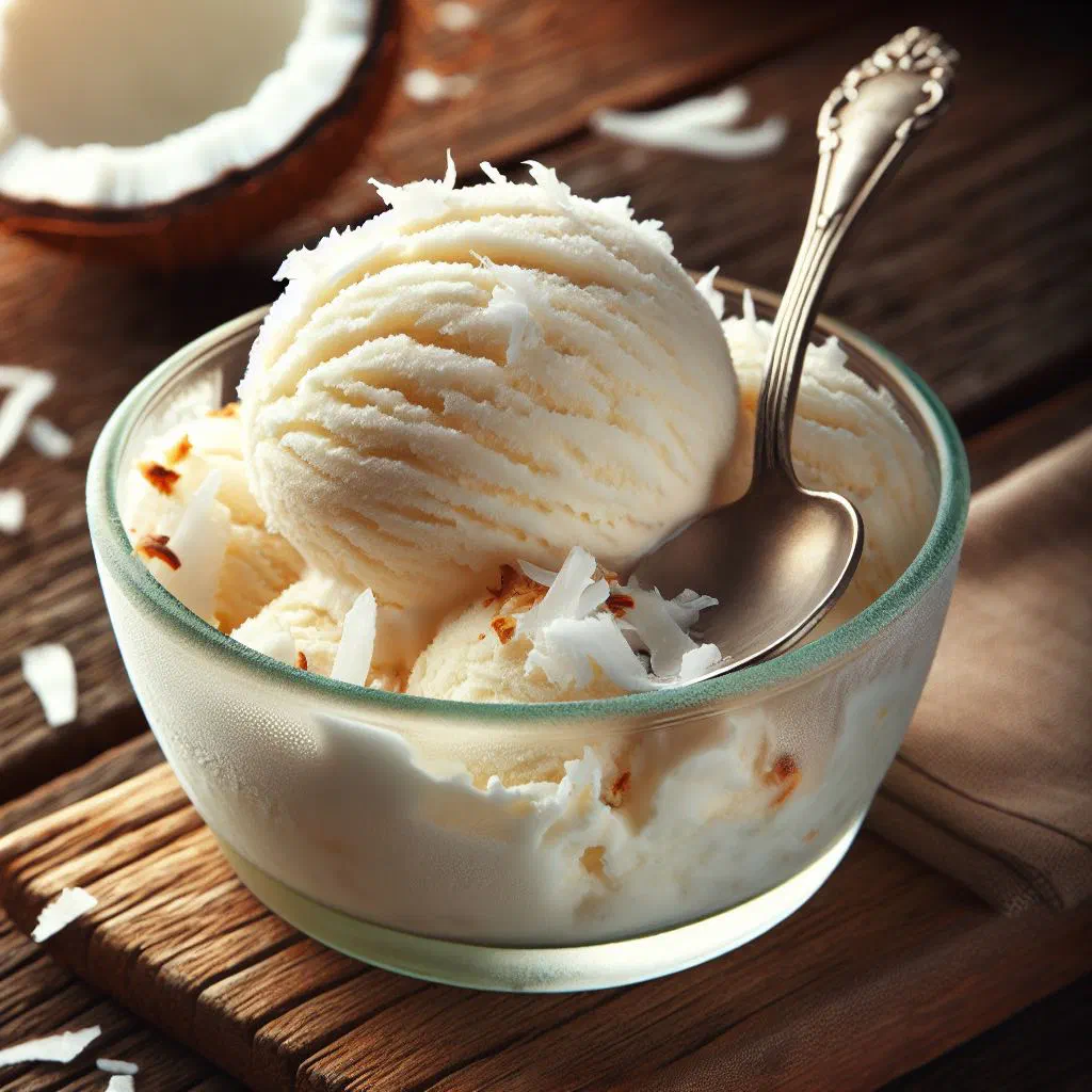 Scoops of creamy coconut ice cream topped with toasted coconut flakes