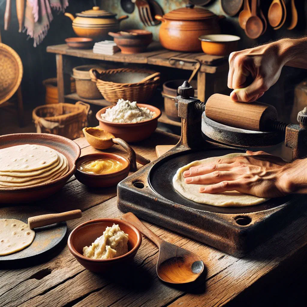 A stack of warm homemade corn tortillas on a rustic wooden board