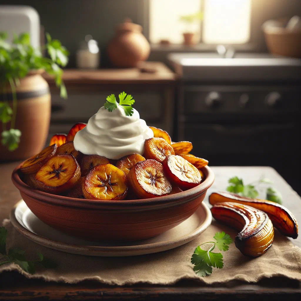 Golden caramelised ripe plantain slices topped with sweet cream