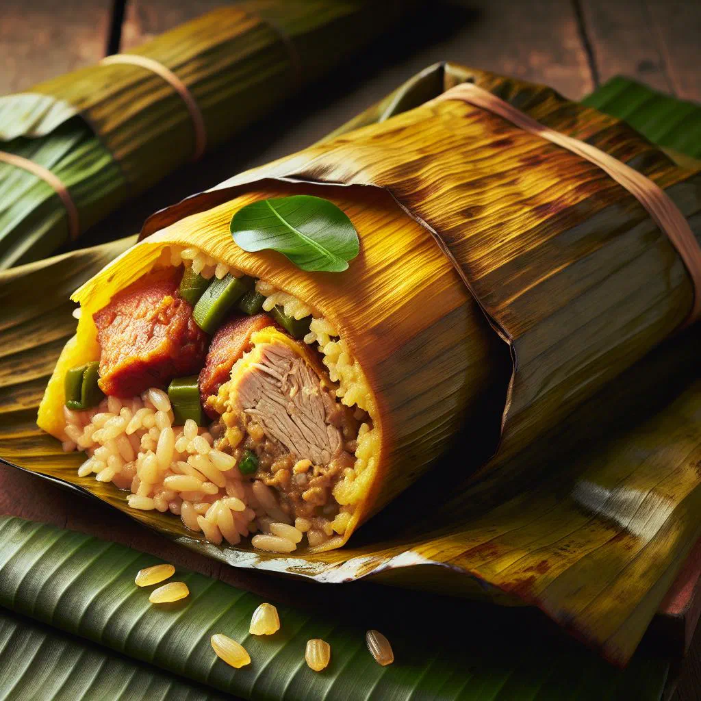 Steamed nacatamal de cerdo unwrapped from its banana leaf, filled with pork, rice and potato
