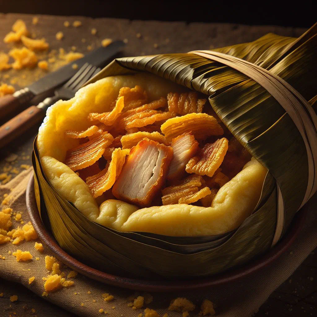 Steamed nacatamal de chicharrón unwrapped from its banana leaf parcel