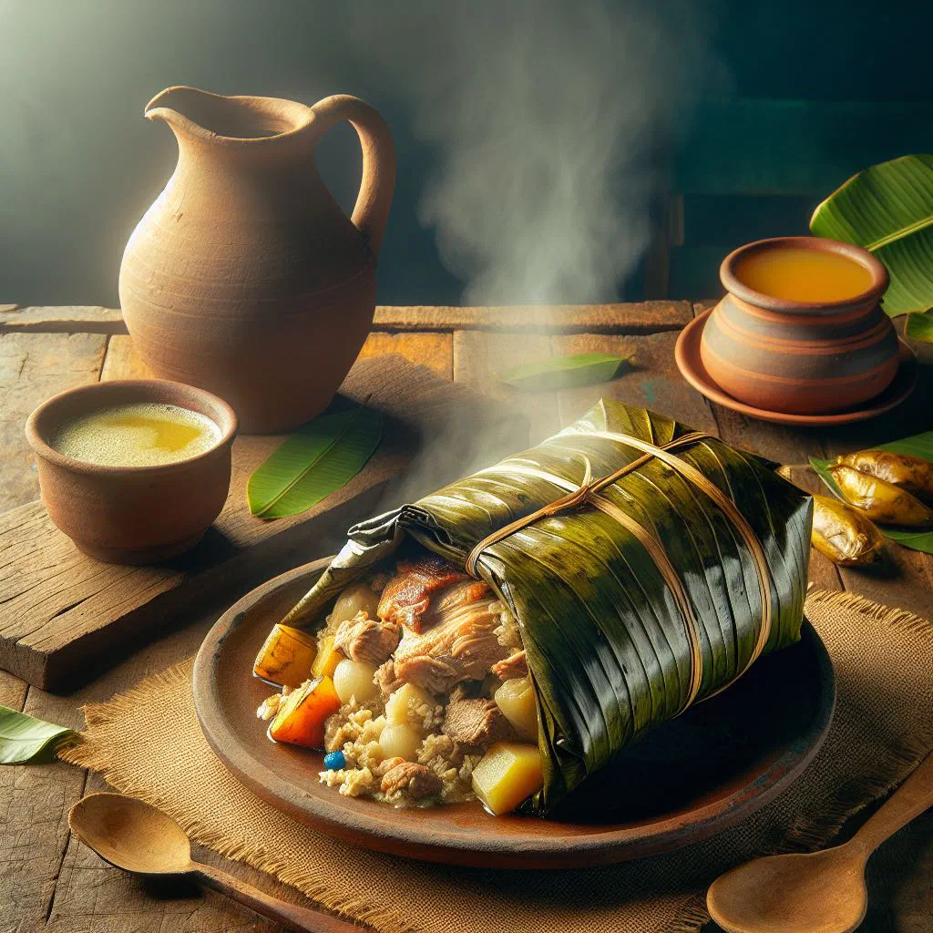 Nacatamal unwrapped from its banana leaf, showing corn masa with pork, rice and vegetables