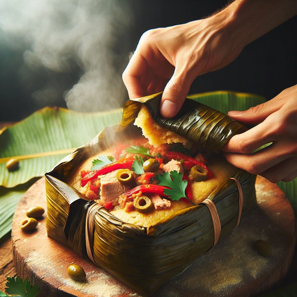 Steamed nacatamales unwrapped from banana leaves with pork and potato filling