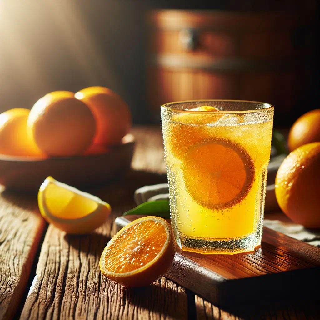Chilled naranja agria lemonade in a tall glass with bitter orange slices and ice