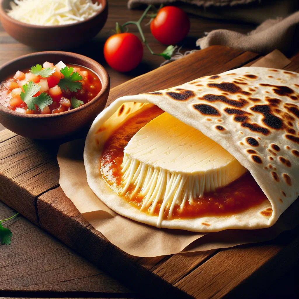 Warm tortilla filled with fresh cheese, cream and pickled onion rings