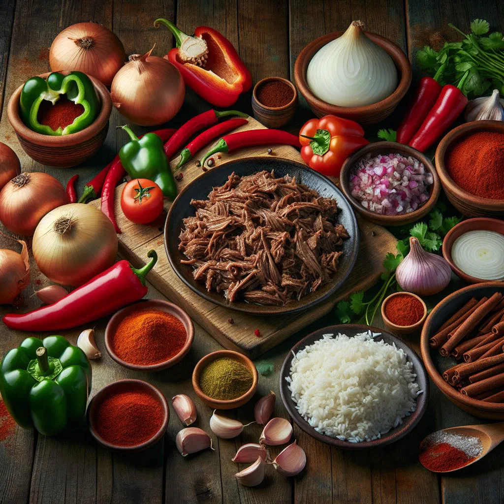 Shredded beef ropa vieja in tomato sauce with rice and coriander