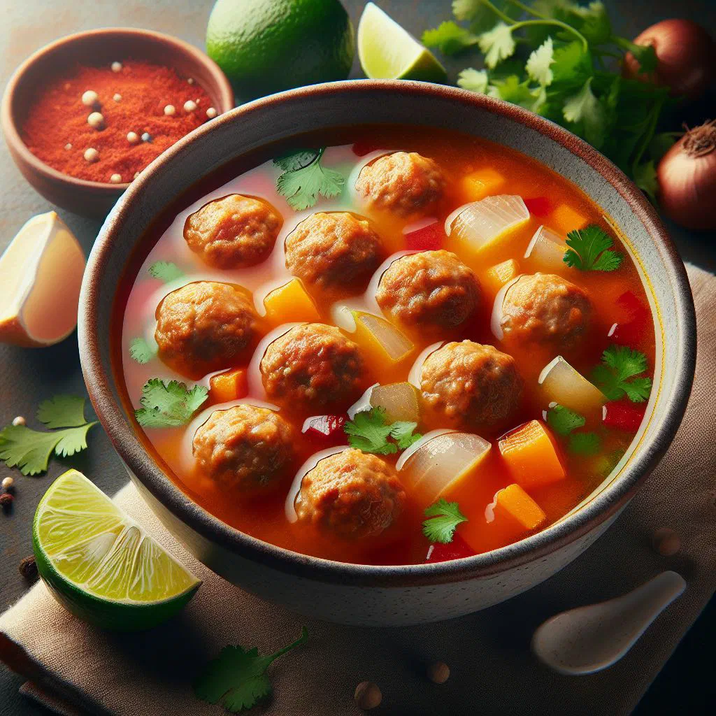 Bowl of Nicaraguan meatball soup with carrots, potatoes and fresh coriander
