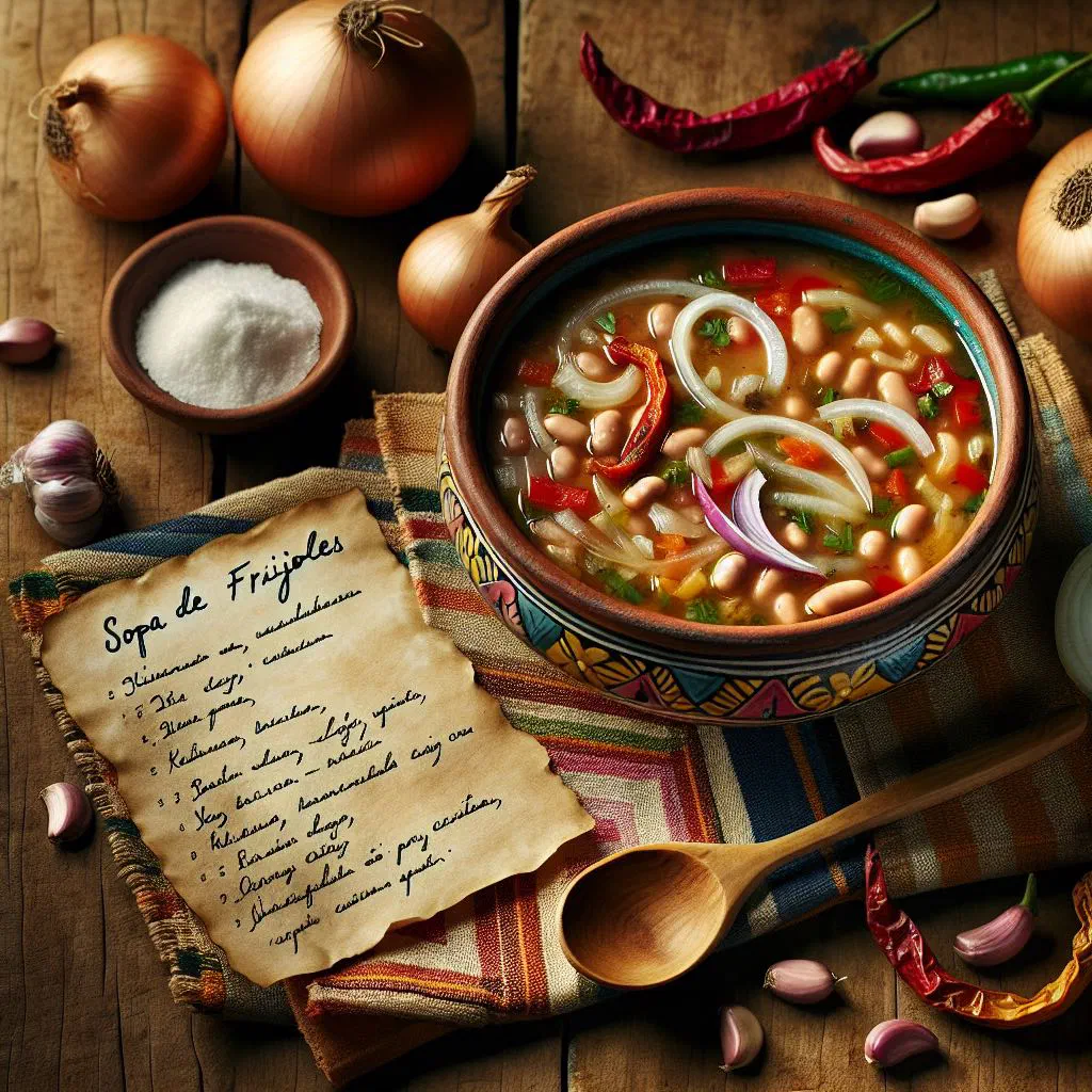Bowl of Nicaraguan black bean soup garnished with fresh coriander and lime