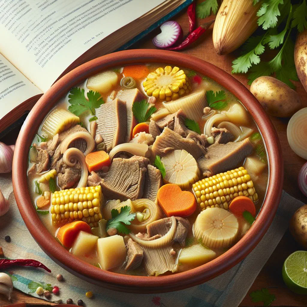 Bowl of Nicaraguan sopa de mondongo with tripe, vegetables and fresh coriander