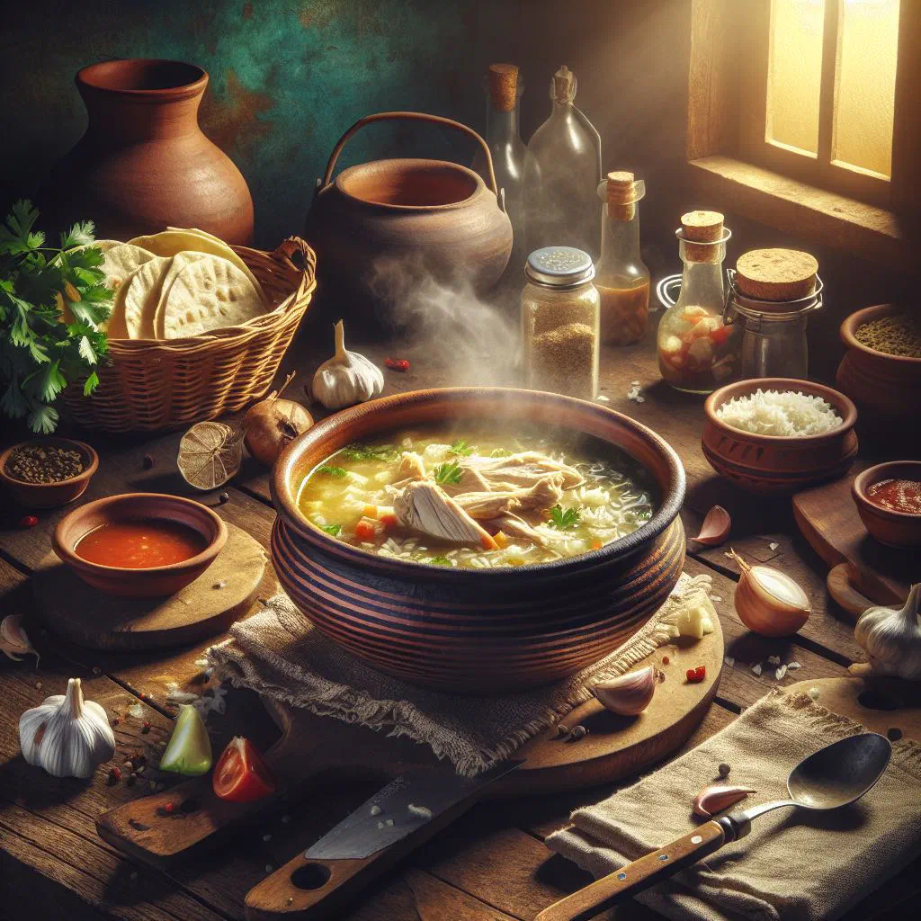 Bowl of Nicaraguan chicken soup with carrots, potatoes and fresh coriander
