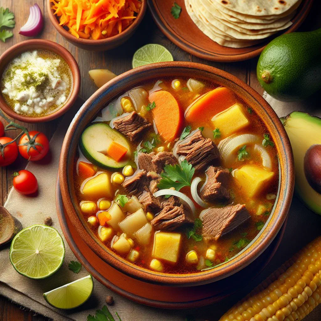 Bowl of Nicaraguan beef soup with corn, carrots and coriander