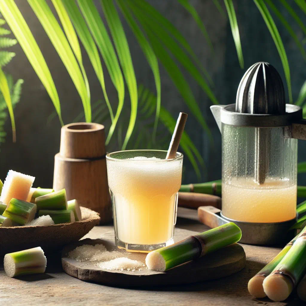 A tall glass of fresh sugarcane juice with lime and ice