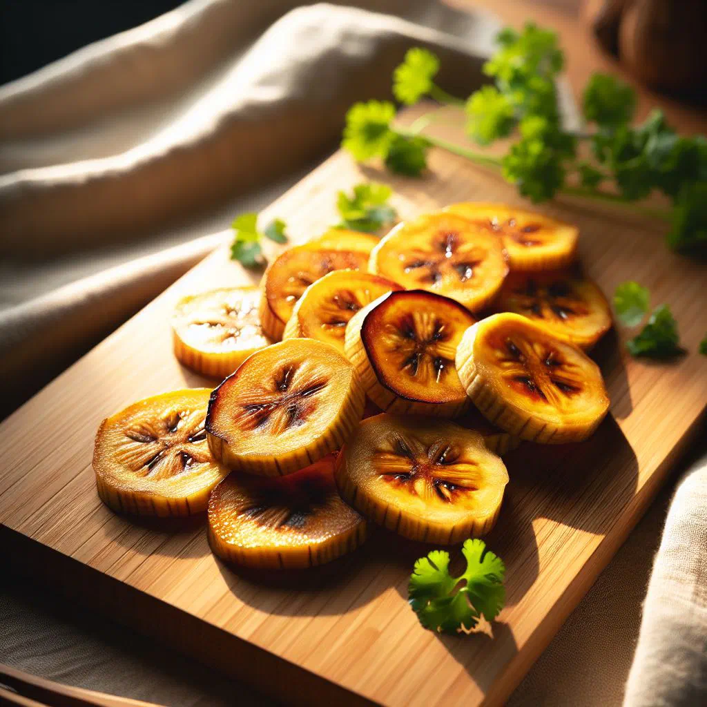 Golden fried plantain slices served on a plate with a dip