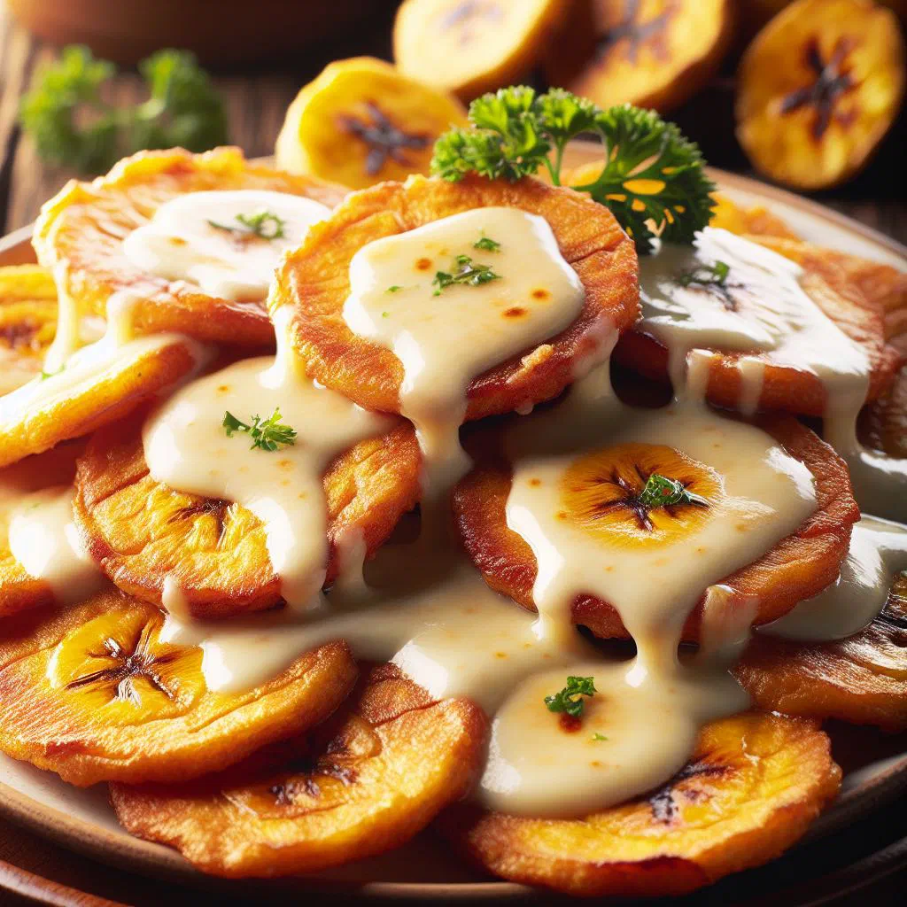 Golden twice-fried plantain rounds topped with melted cheese