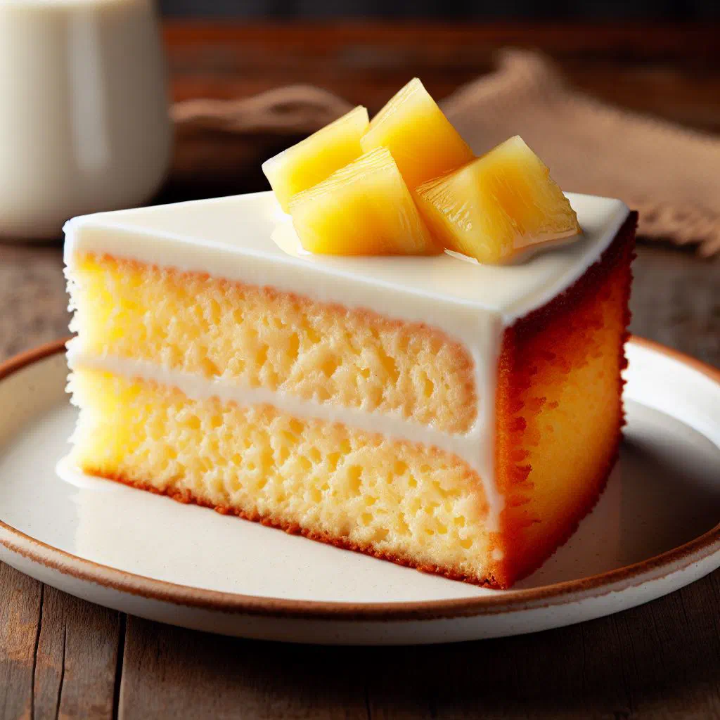 Slice of tres leches cake topped with whipped cream and fresh pineapple