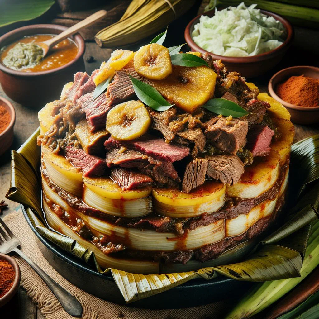 Steamed vaho of beef and vegetables served on a banana leaf