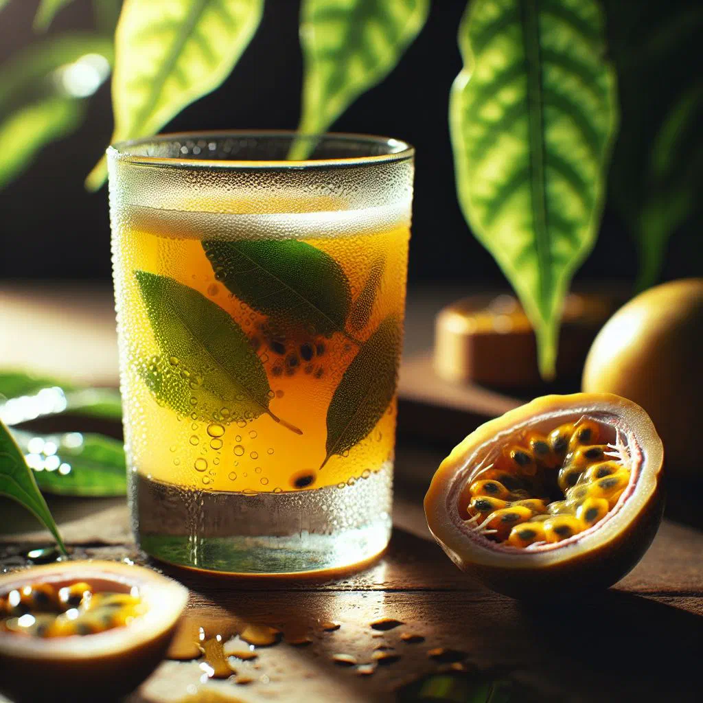 A glass of chilled passion fruit juice garnished with fresh fruit