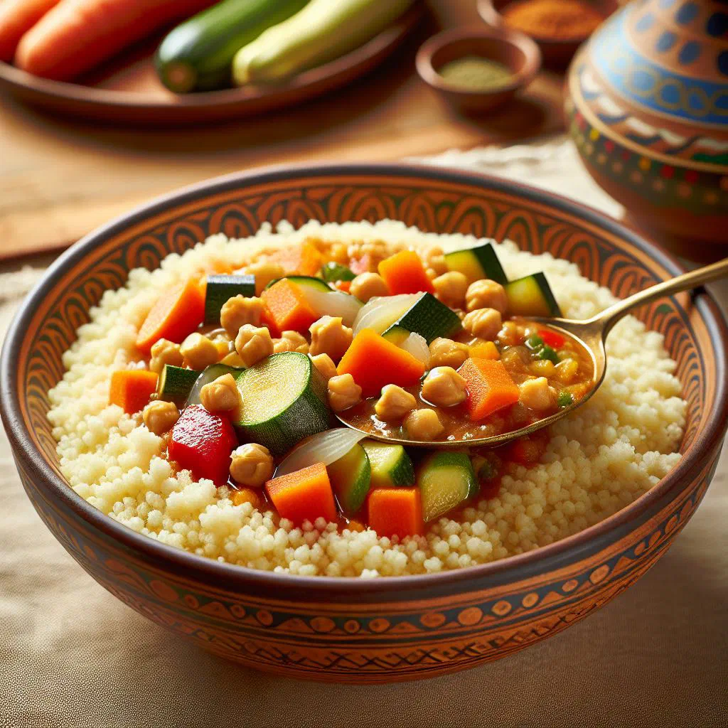 A bowl of fluffy couscous with sautéed vegetables and fresh herbs