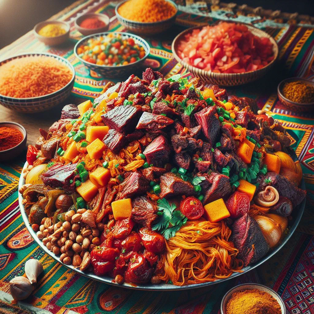 A bowl of Djerma with spiced rice, chicken and colourful vegetables