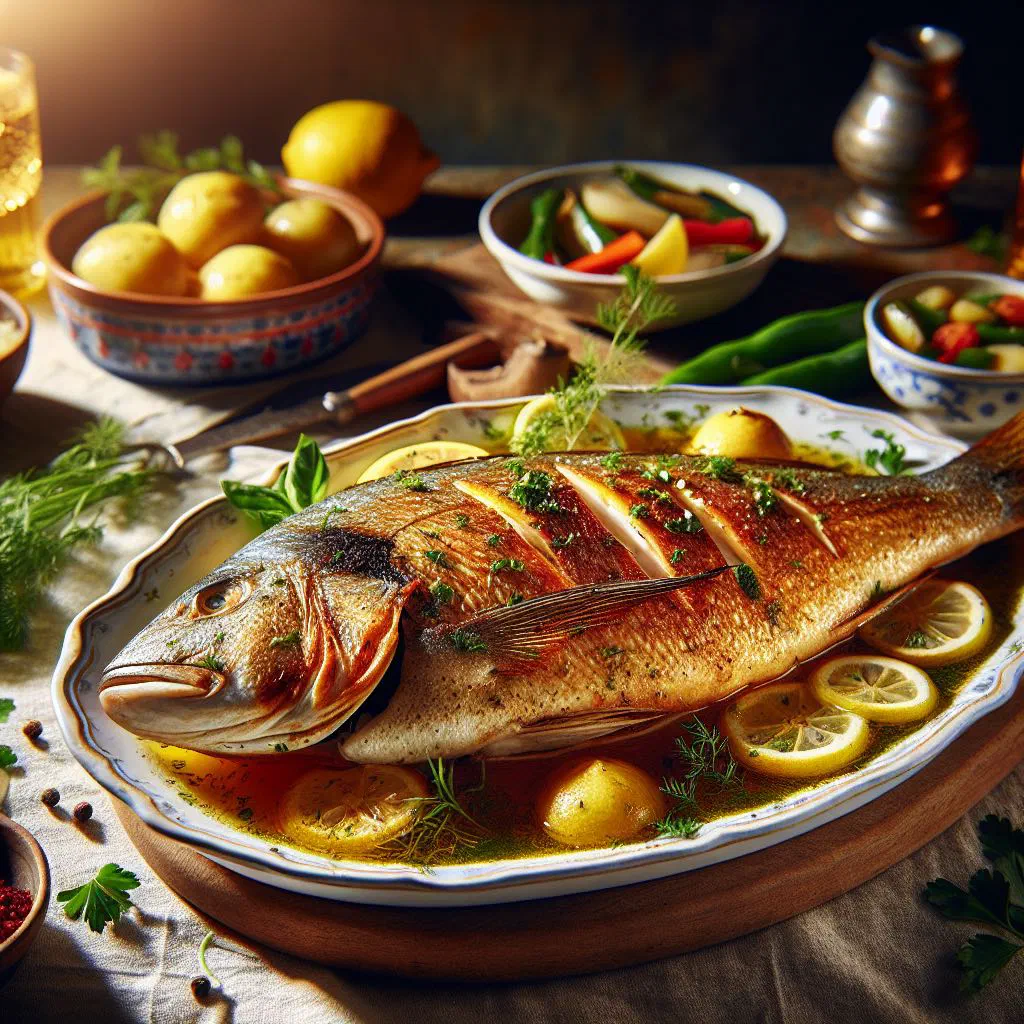 Whole grilled fish garnished with fresh herbs and lemon