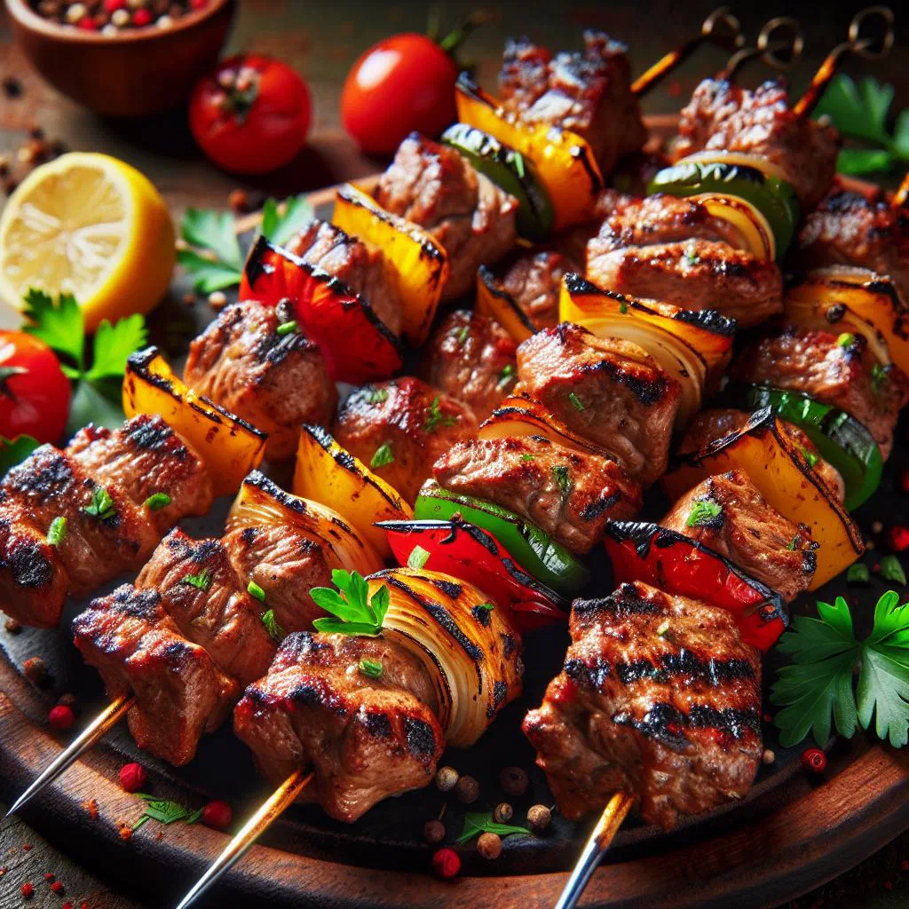 Grilled meat skewers with peppers and onions on a plate