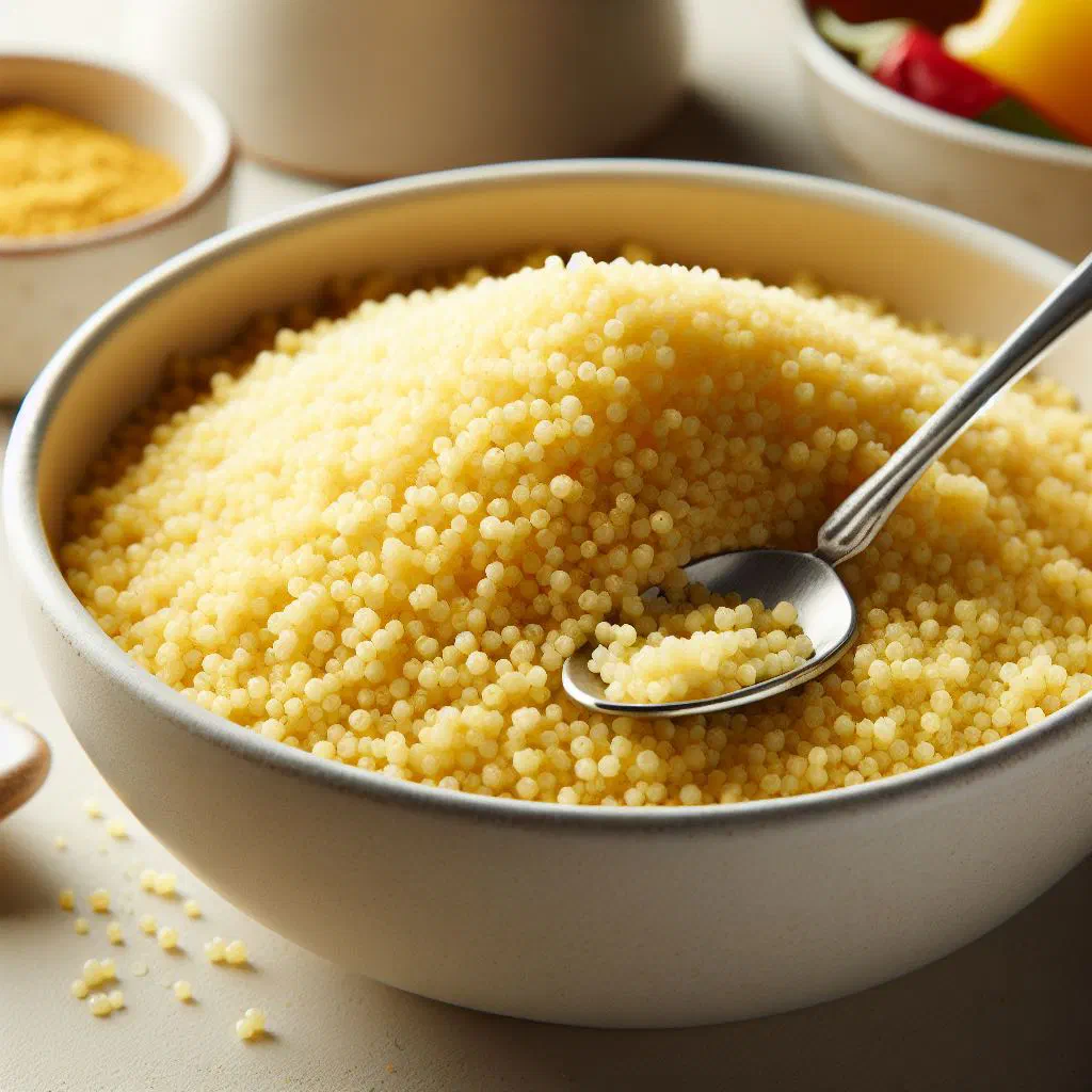 A bowl of fluffy millet couscous garnished with vegetables and fresh herbs