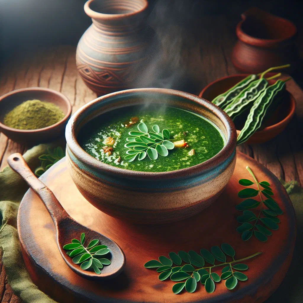 A bowl of green moringa soup garnished with fresh herbs