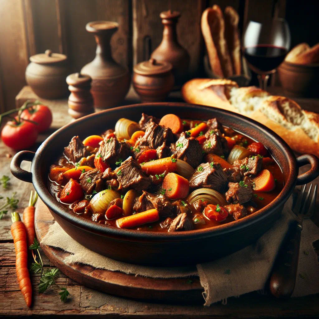 Slow-cooked goat stew with vegetables and fresh herbs in a bowl