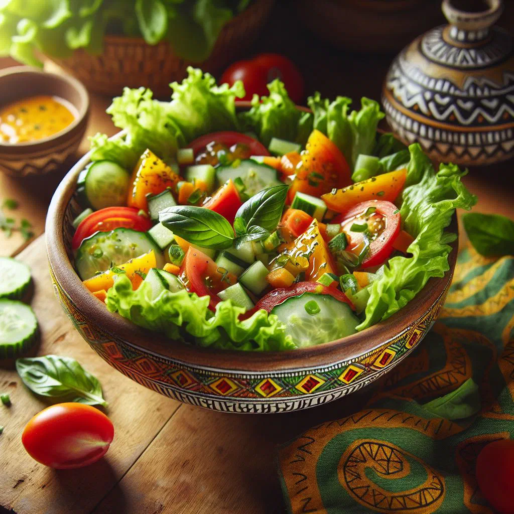Colourful Nigerian African salad with sweetcorn, egg, tomato and cucumber
