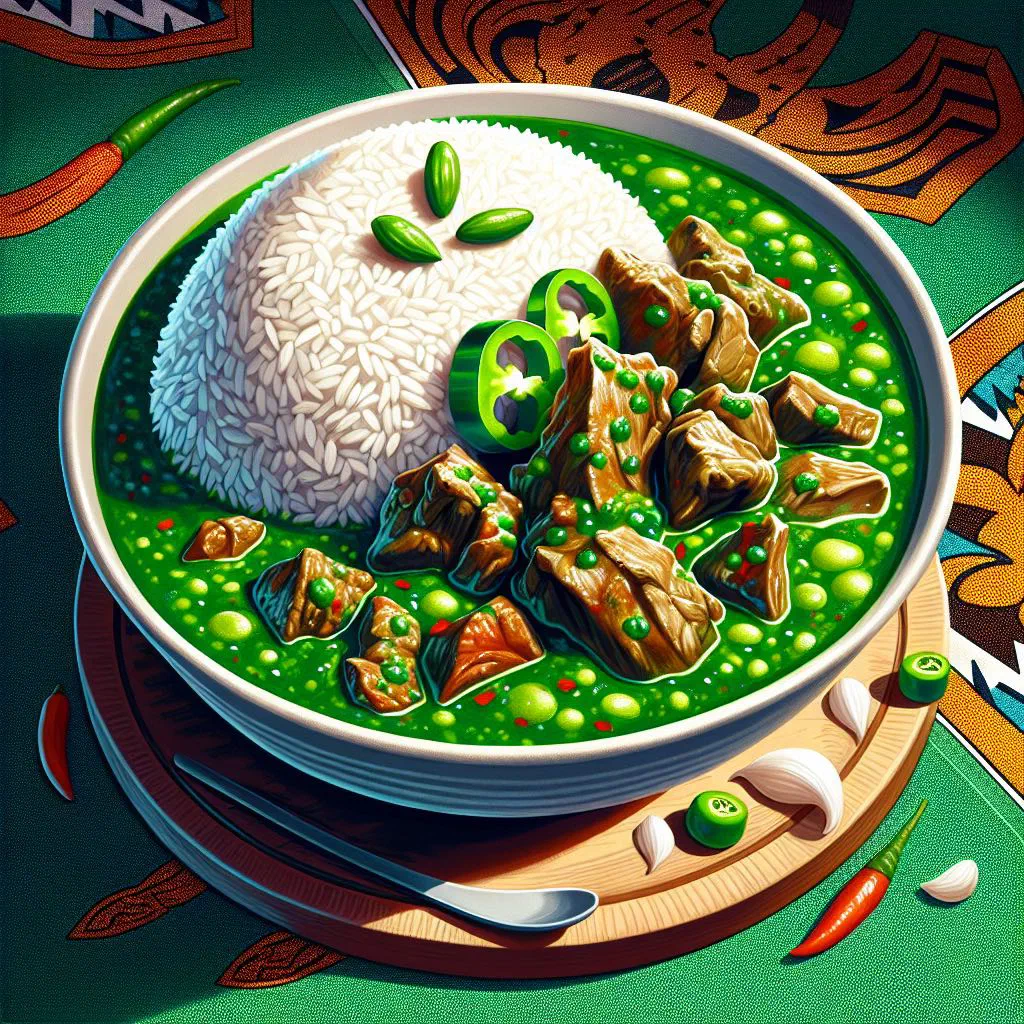 A rich green pepper sauce stew served with rice