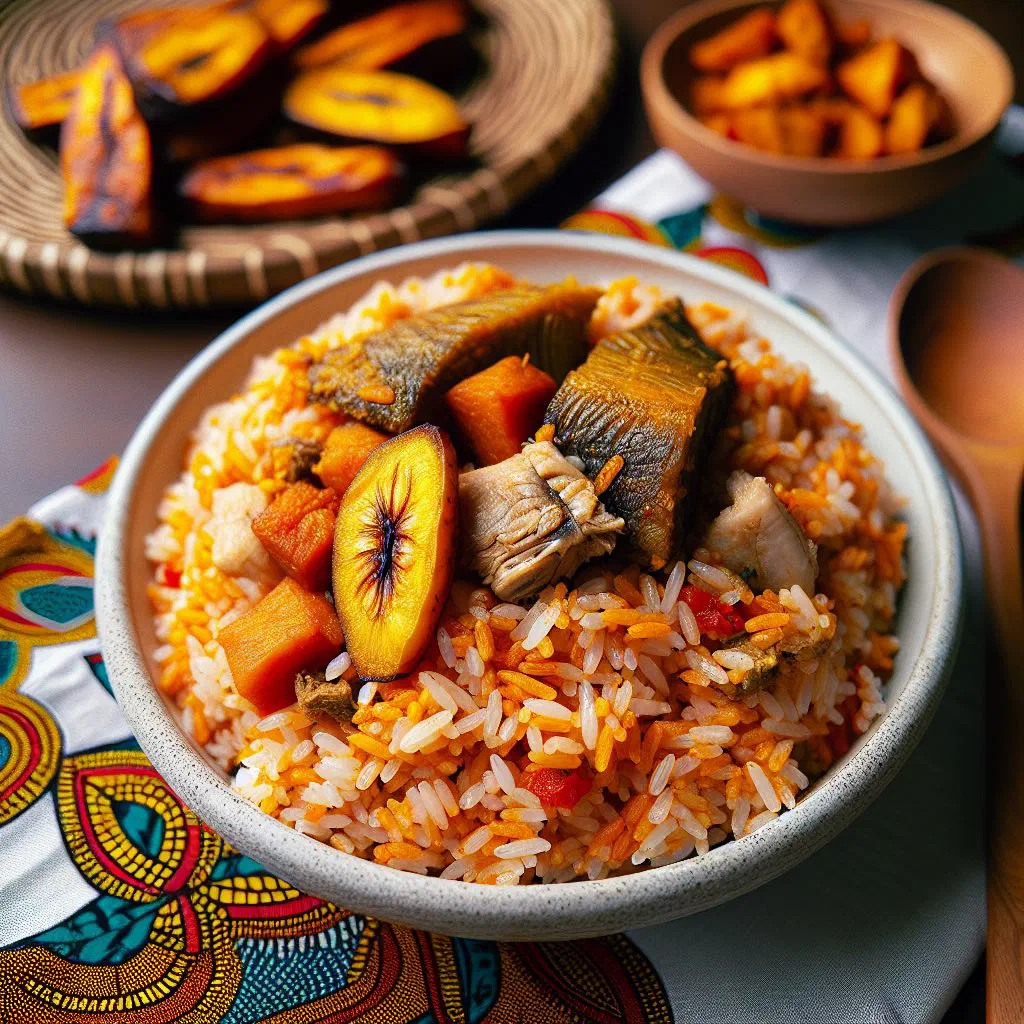 Banga rice in rich palm nut sauce garnished with fresh herbs