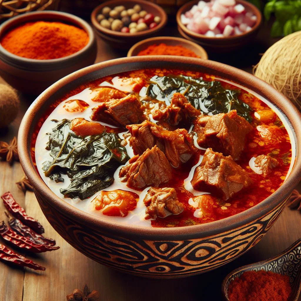Bowl of Nigerian bitterleaf soup with tender meat in a rich broth