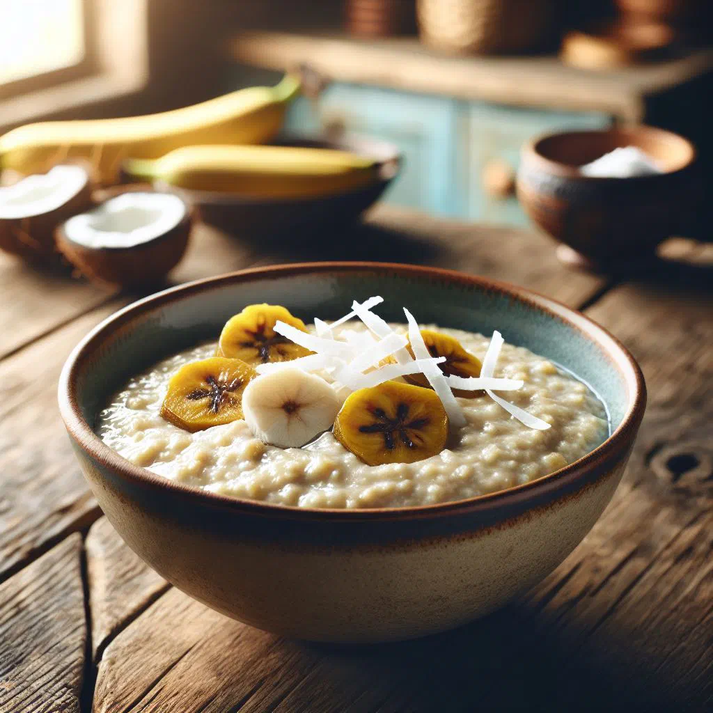 Creamy coconut plantain porridge in a bowl topped with coconut flakes
