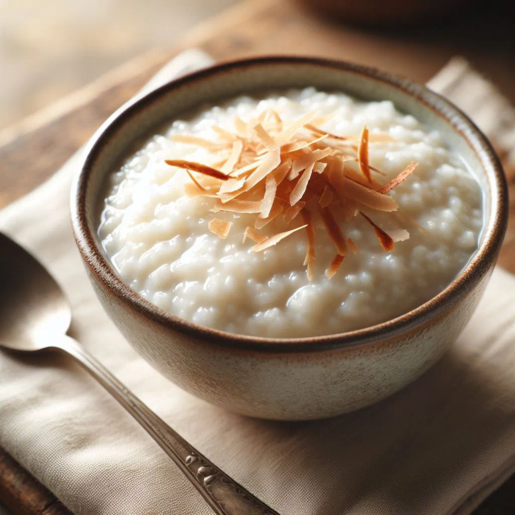 Creamy coconut rice pudding topped with fresh sliced fruit