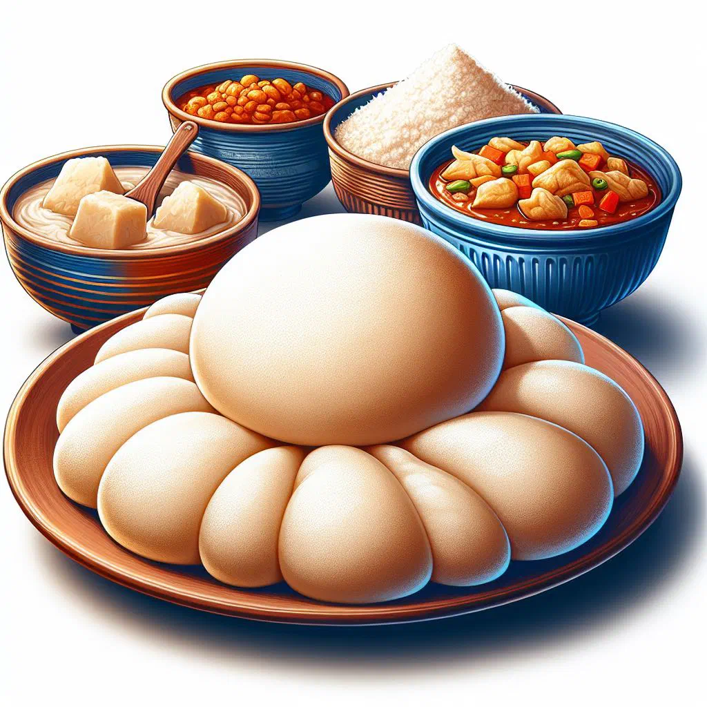 Smooth mound of eba served with a bowl of Nigerian stew