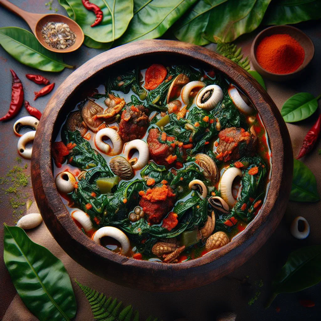 Bowl of Edikang Ikong vegetable soup with leafy greens and tender meat