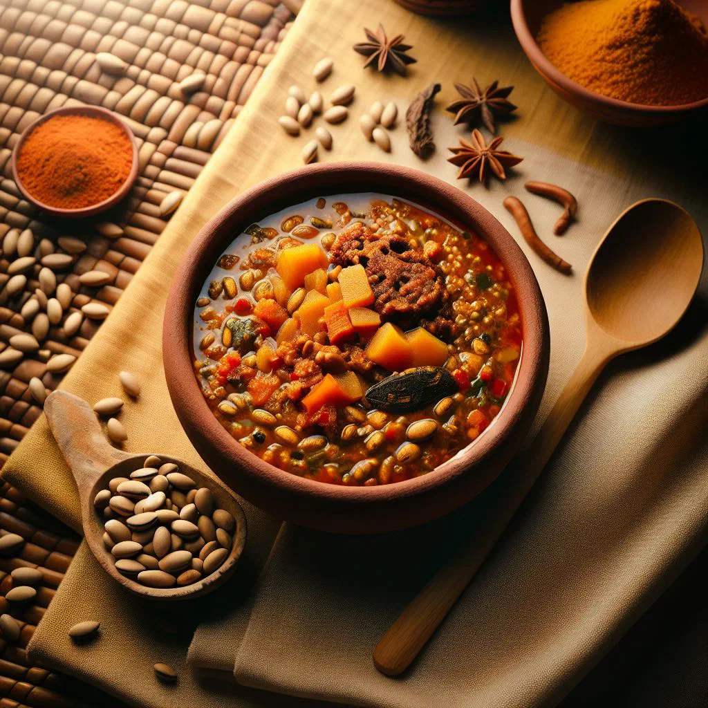 A rich bowl of Nigerian egusi soup with leafy greens and meat