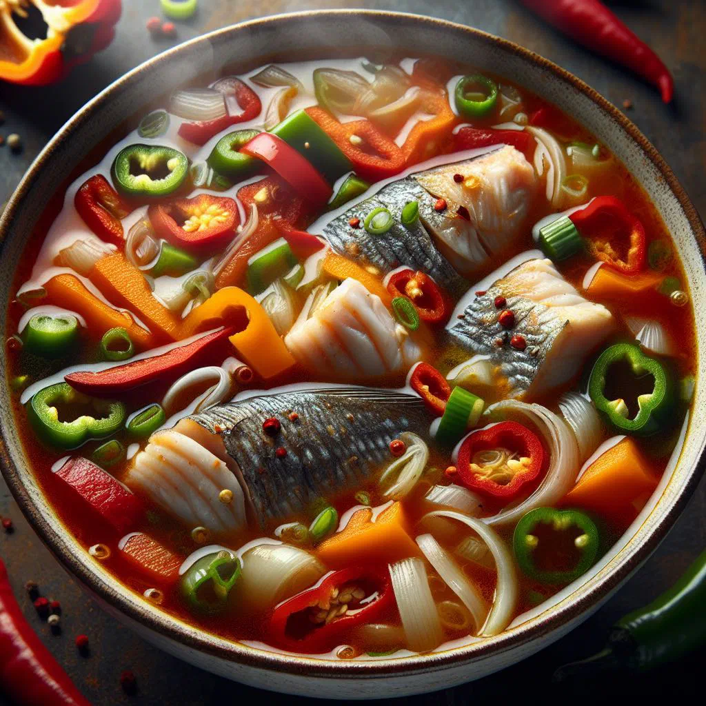 Steaming bowl of Nigerian fish pepper soup garnished with fresh herbs